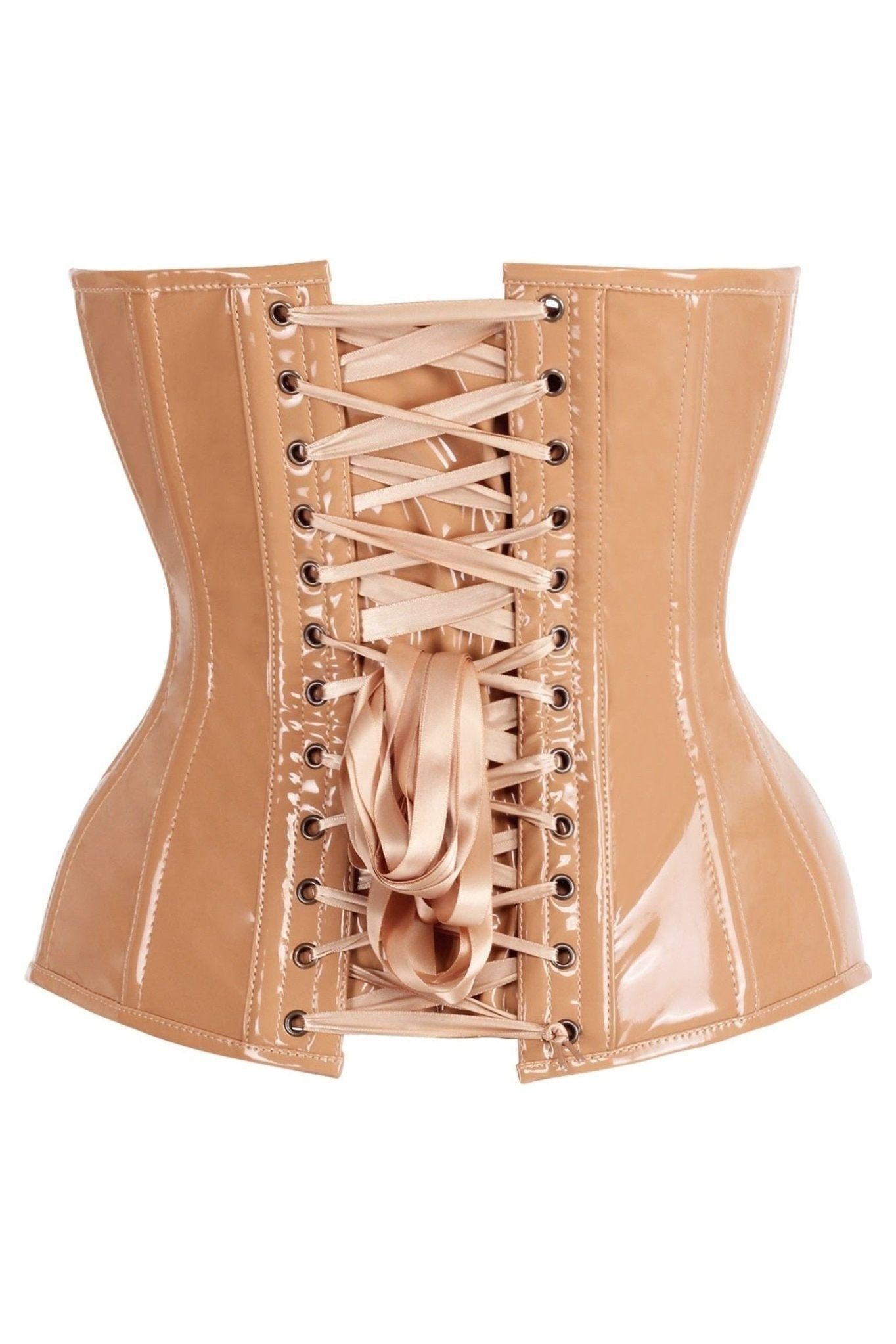 Top Drawer Steel Boned Caramel Patent Plunge Neckline Overbust Corset