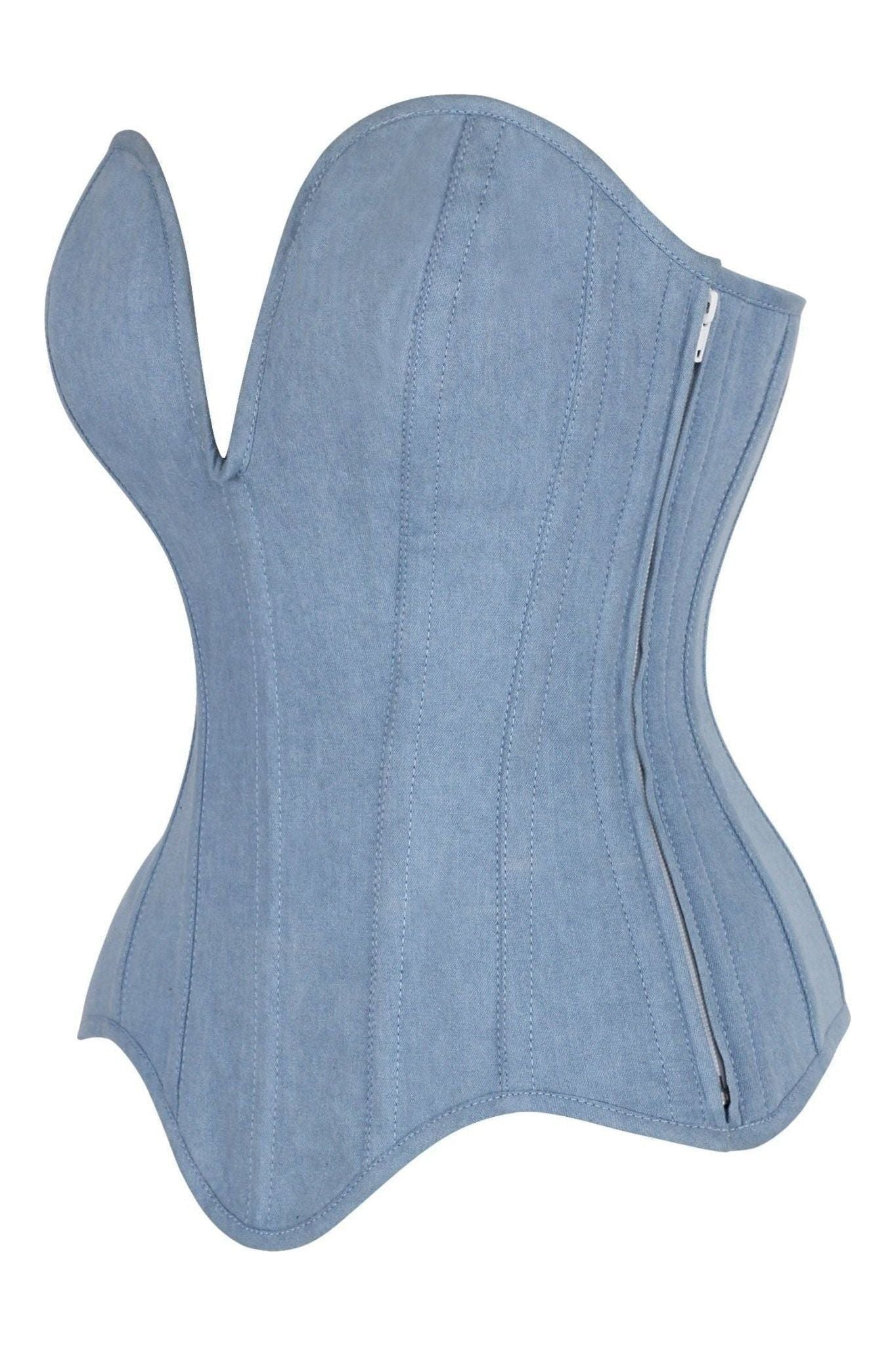 Top Drawer Steel Boned Light Blue Denim Plunge Neckline Overbust Corset
