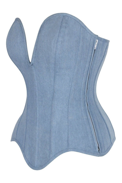 Top Drawer Steel Boned Light Blue Denim Plunge Neckline Overbust Corset