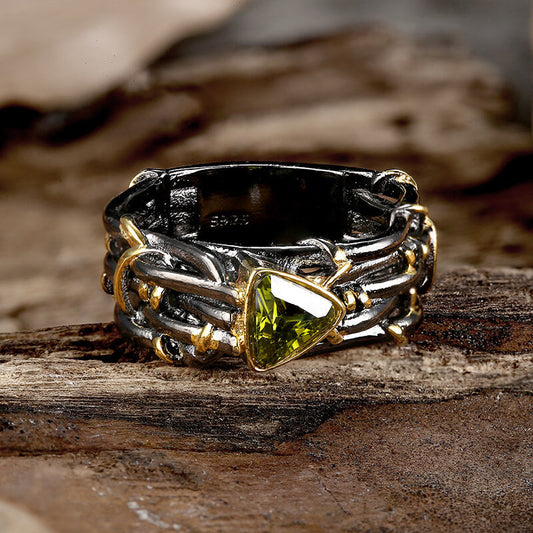 Triangle Topaz Inlaid Brass Cocktail Ring