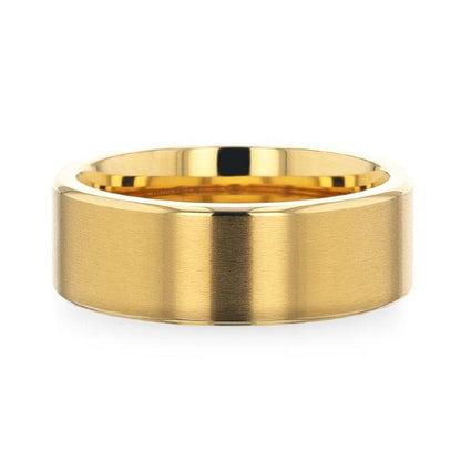 AURELIANO Yellow Gold Plating Titanium Men's Wedding Band With Flat Brushed Finish Center And Rounded Polished Edges - 8mm