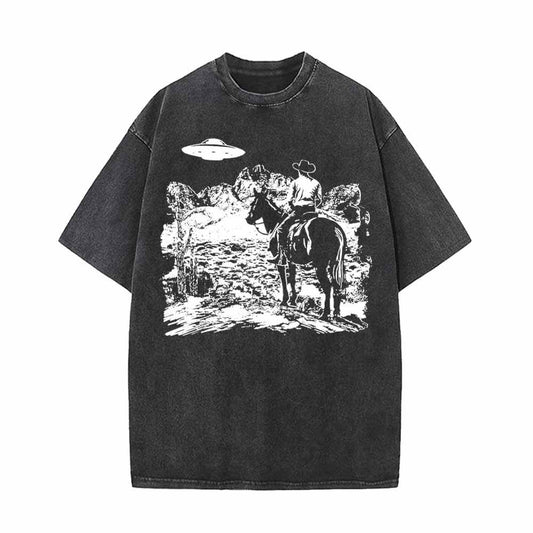 UFO And Western Cowboy Print Vintage Washed T-shirt