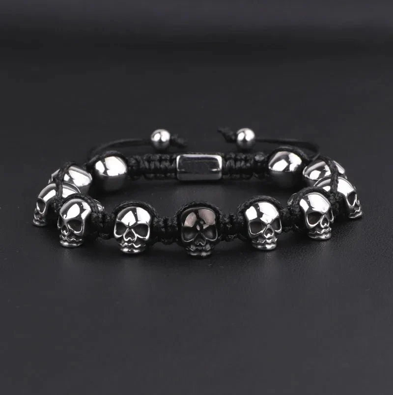 Unisex Skull Beads Gothic Bracelet with Braided Wrap