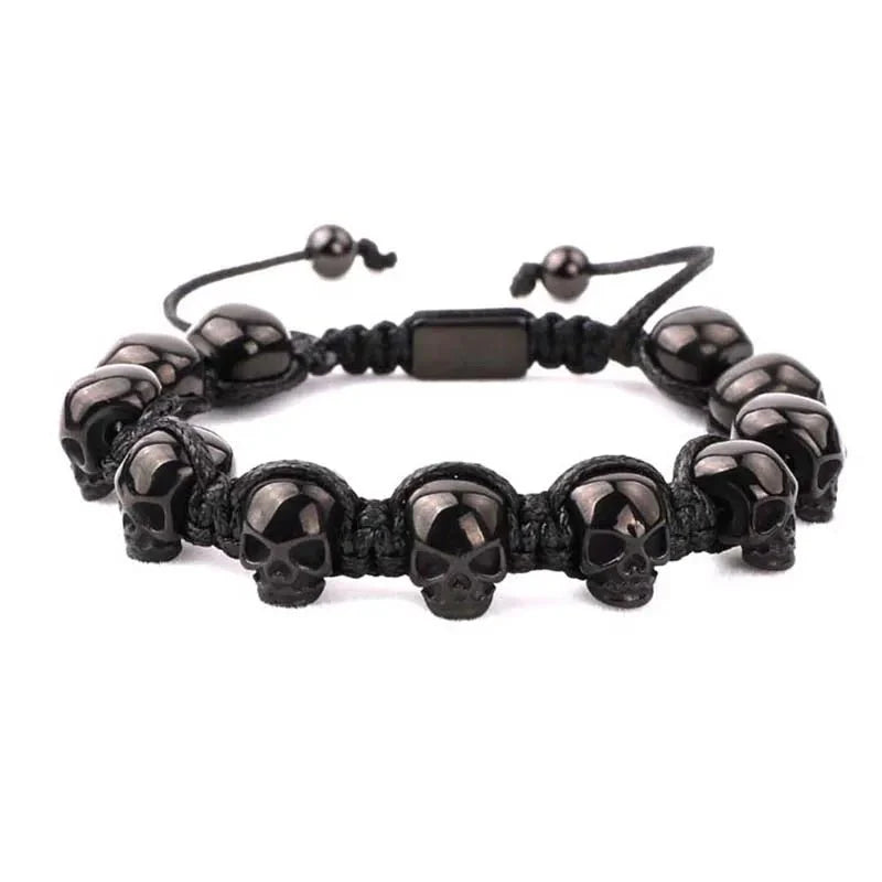 Unisex Skull Beads Gothic Bracelet with Braided Wrap