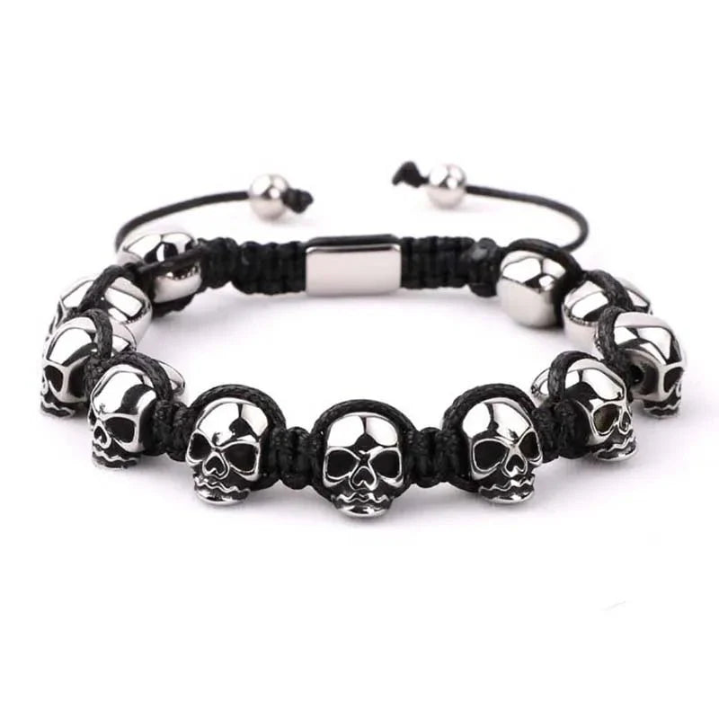 Unisex Skull Beads Gothic Bracelet with Braided Wrap