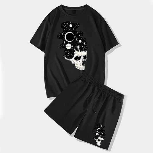 Universe Planet Skull Short Sleeve T-shirt and Shorts Set