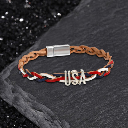 USA Independence Day Tri-Color Braided PU Leather Bracelet