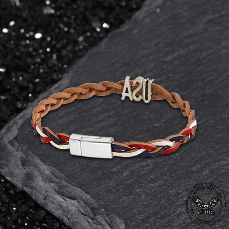 USA Independence Day Tri-Color Braided PU Leather Bracelet