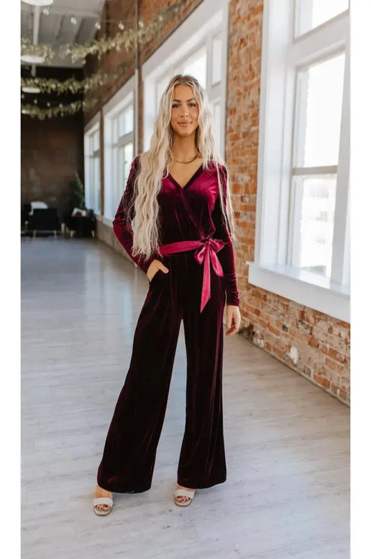 Red Velvet Keyhole Jumpsuit -clearance