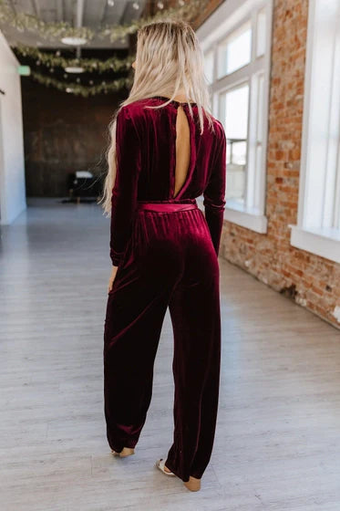 Red Velvet Keyhole Jumpsuit -clearance