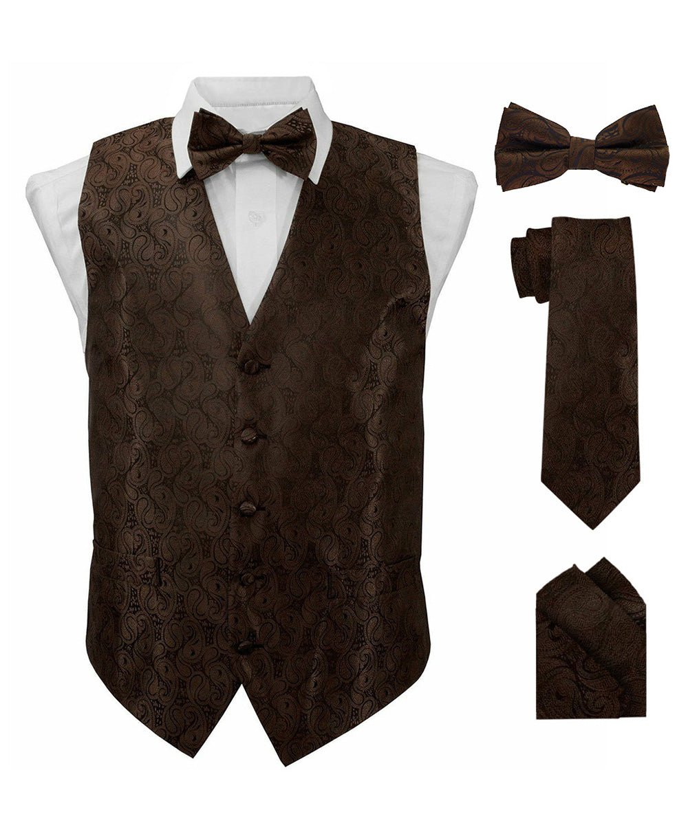 Vittorio Farina Men's Woven Paisley Vest, Necktie, Bow Tie and Pocket Square Set (Black Back)