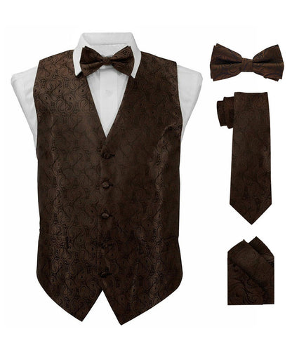 Vittorio Farina Men's Woven Paisley Vest, Necktie, Bow Tie and Pocket Square Set (Black Back)