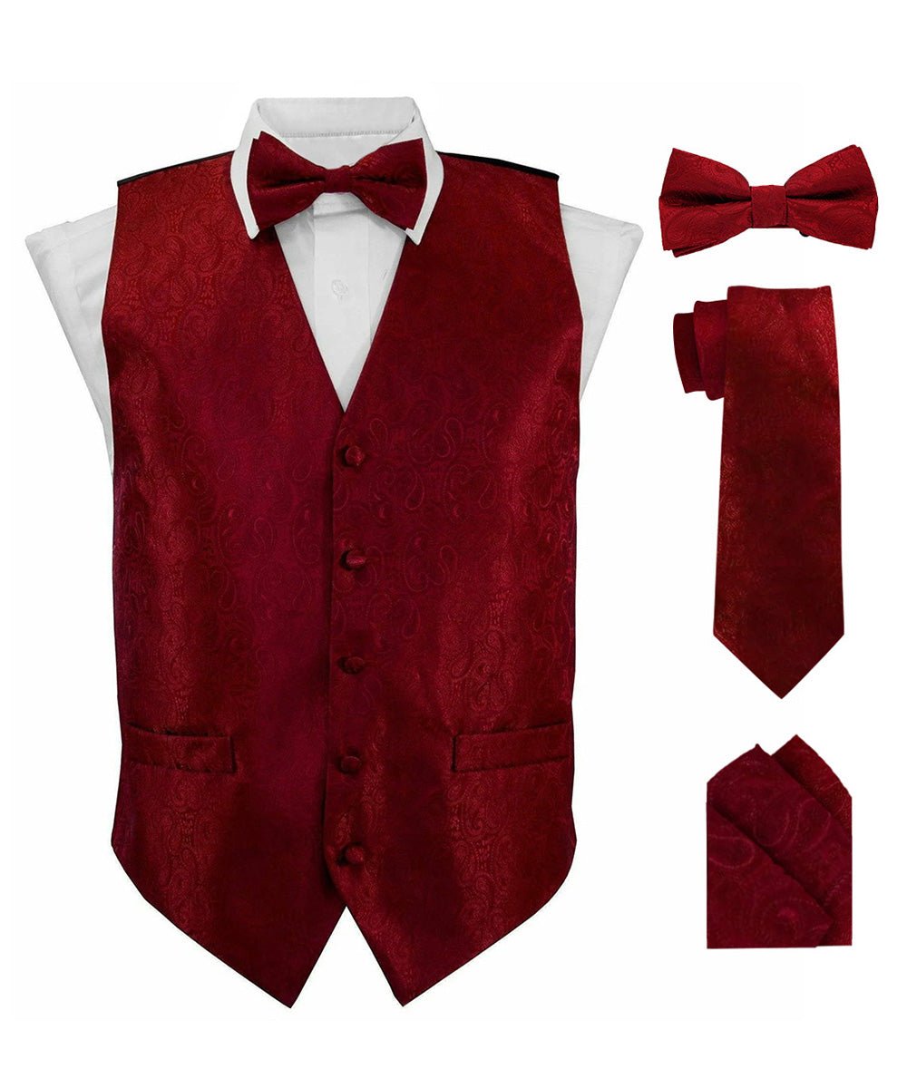 Vittorio Farina Men's Woven Paisley Vest, Necktie, Bow Tie and Pocket Square Set (Black Back)