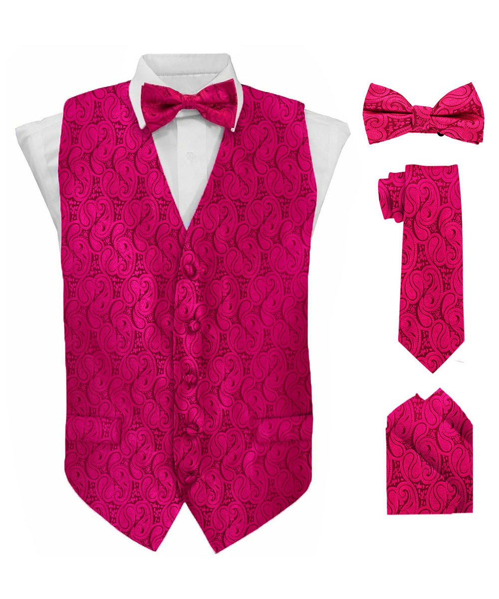 Vittorio Farina Men's Woven Paisley Vest, Necktie, Bow Tie and Pocket Square Set (Black Back)