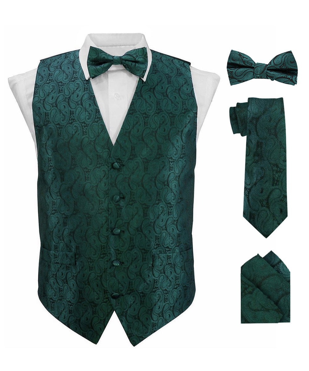 Vittorio Farina Men's Woven Paisley Vest, Necktie, Bow Tie and Pocket Square Set (Black Back)