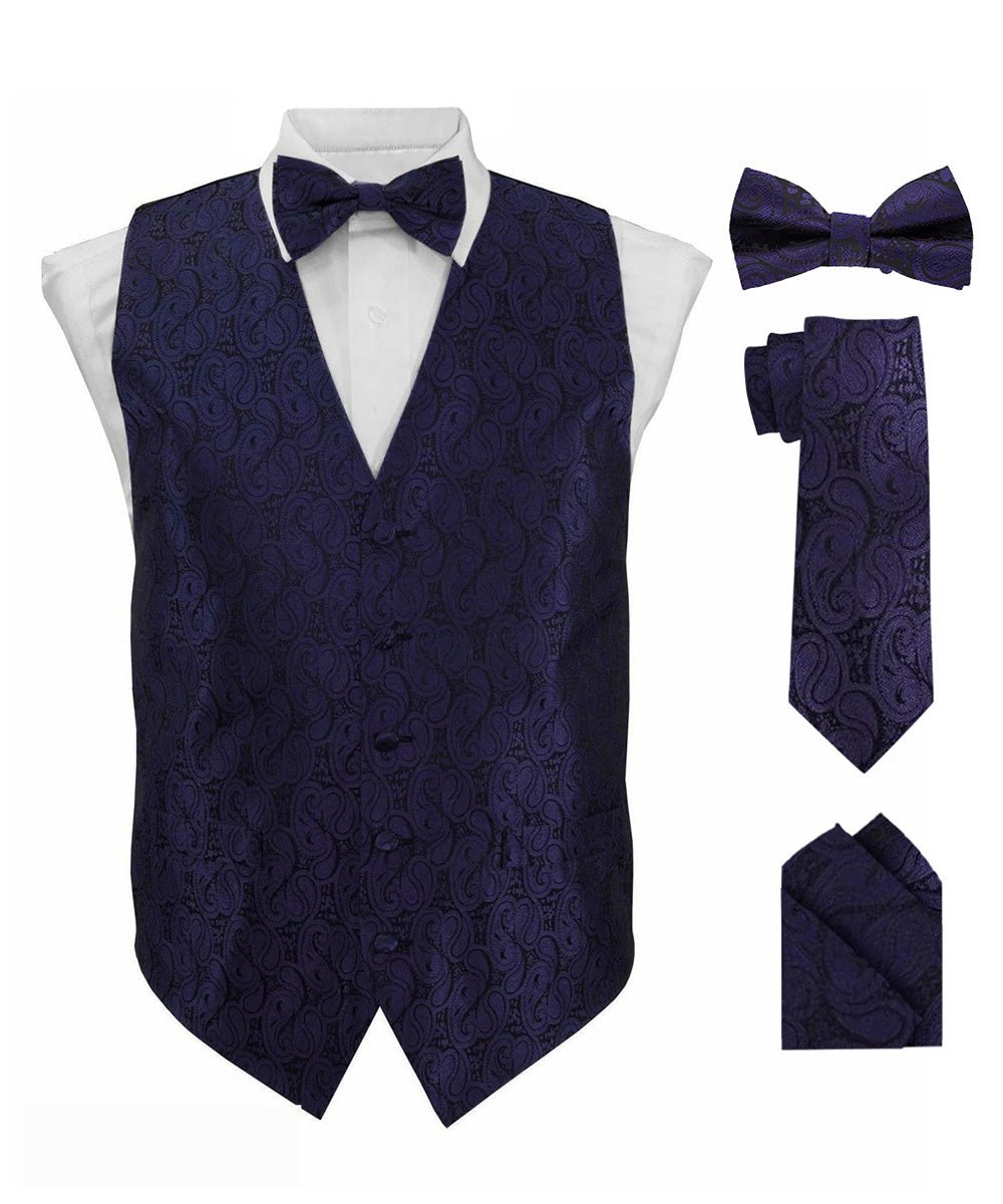 Vittorio Farina Men's Woven Paisley Vest, Necktie, Bow Tie and Pocket Square Set (Black Back)