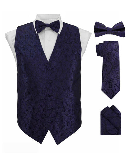 Vittorio Farina Men's Woven Paisley Vest, Necktie, Bow Tie and Pocket Square Set (Black Back)