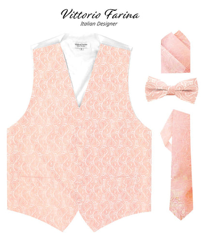 Vittorio Farina Men's Mint Woven Paisley Vest, Necktie, Bow Tie and Pocket Square Set (White Back)