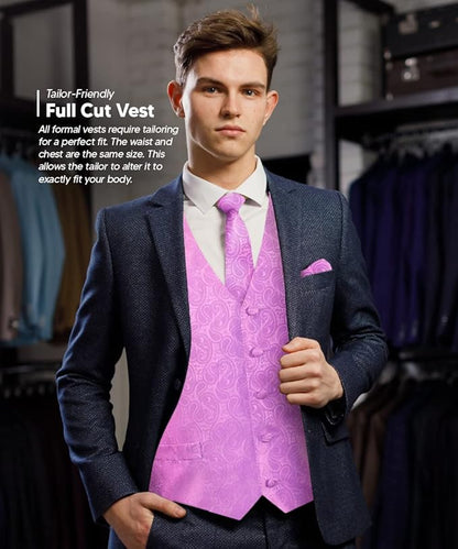 Vittorio Farina Men's Mint Woven Paisley Vest, Necktie, Bow Tie and Pocket Square Set (White Back)