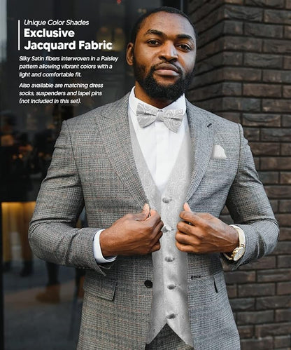 Vittorio Farina Men's Woven Paisley Vest, Necktie, Bow Tie and Pocket Square Set (White Back)