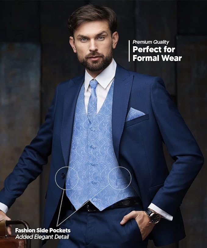 Vittorio Farina Men's Woven Paisley Vest, Necktie, Bow Tie and Pocket Square Set (White Back)