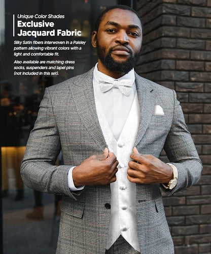 Vittorio Farina Men's Woven Paisley Vest, Necktie, Bow Tie and Pocket Square Set (White Back)