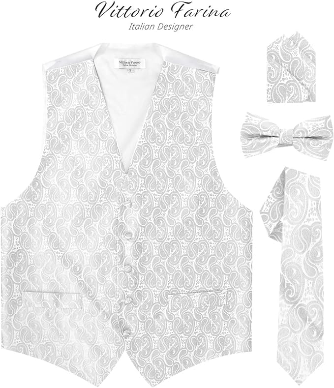 Vittorio Farina Men's Woven Paisley Vest, Necktie, Bow Tie and Pocket Square Set (White Back)