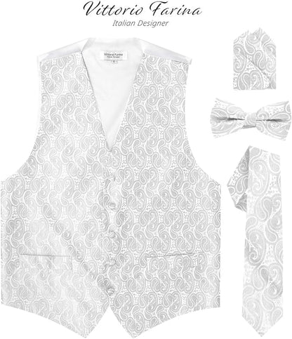 Vittorio Farina Men's Woven Paisley Vest, Necktie, Bow Tie and Pocket Square Set (White Back)