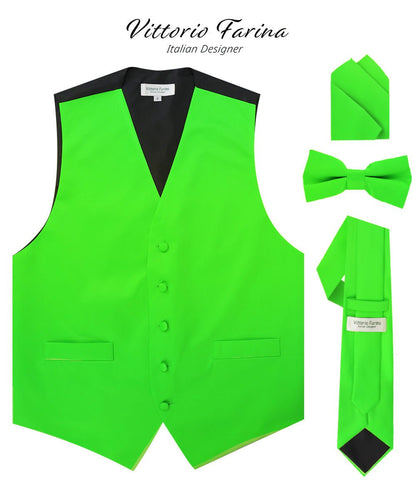 Vittorio Farina Men's Satin Vest, Necktie, Bow Tie and Pocket Square Set (Black Back)