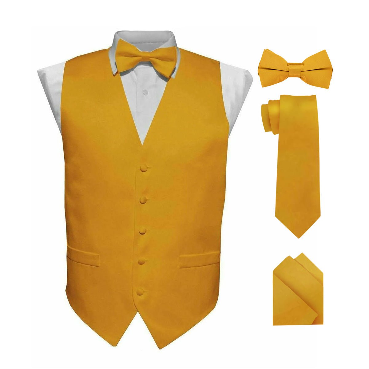Vittorio Farina Men's Satin Vest, Necktie, Bow Tie and Pocket Square Set (Black Back)
