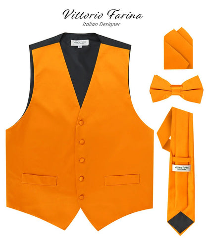Vittorio Farina Men's Satin Vest, Necktie, Bow Tie and Pocket Square Set (Black Back)