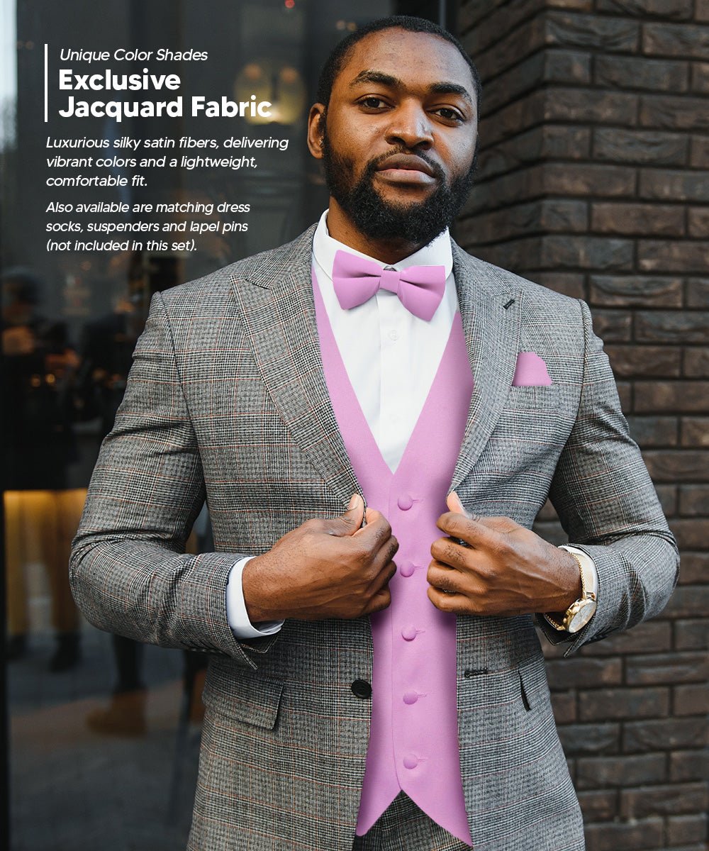 Vittorio Farina Men's Satin Vest, Necktie, Bow Tie and Pocket Square Set (White Back)