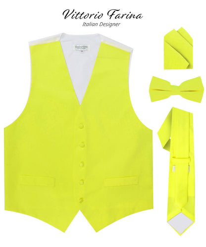 Vittorio Farina Men's Satin Vest, Necktie, Bow Tie and Pocket Square Set (White Back)