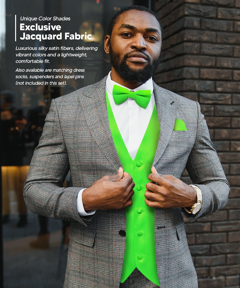 Vittorio Farina Men's Satin Vest, Necktie, Bow Tie and Pocket Square Set (White Back)