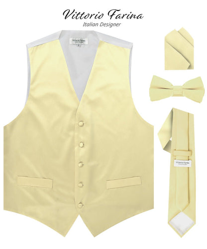 Vittorio Farina Men's Satin Vest, Necktie, Bow Tie and Pocket Square Set (White Back)