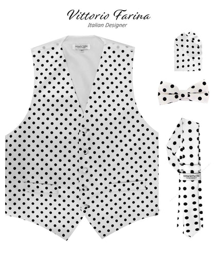 Vittorio Farina Men's White and Black Dot Polka Dot Vest, Necktie, Bow Tie and Pocket Square Set