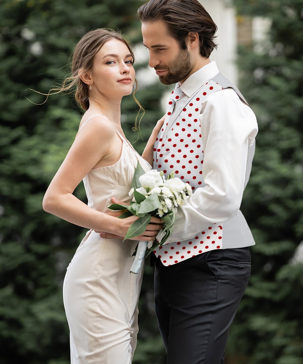 Vittorio Farina Men's White and Black Dot Polka Dot Vest, Necktie, Bow Tie and Pocket Square Set