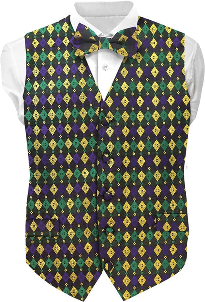Vittorio Farina Men's Mardi Gras Satin Vest and Bow Tie Set