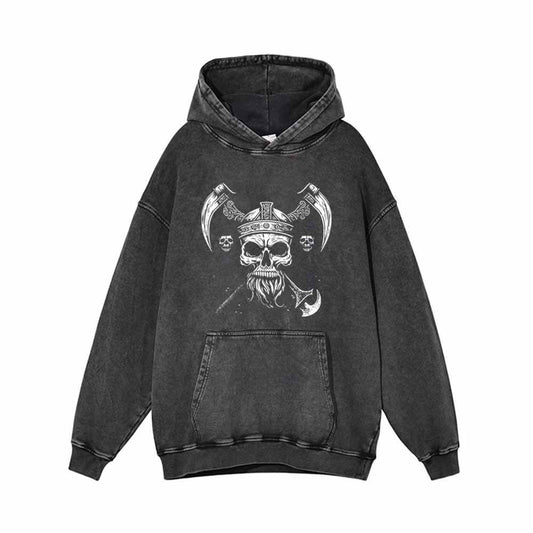 Viking Double Axe Skull Vintage Washed Hoodie