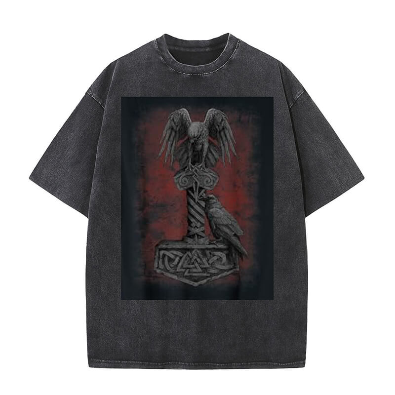 Viking Norse Thor's Mjolnir Raven Washed T-shirt