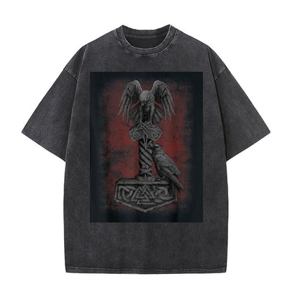 Viking Norse Thor's Mjolnir Raven Washed T-shirt