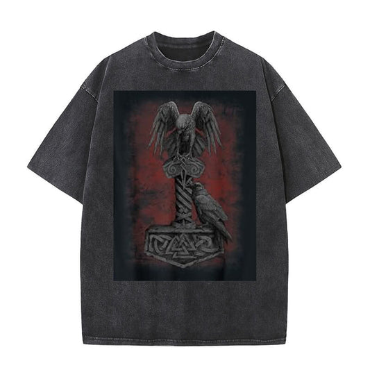 Viking Norse Thor's Mjolnir Raven Washed T-shirt