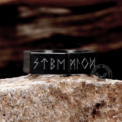Viking Runes Hexagon Stainless Steel Geometric Ring