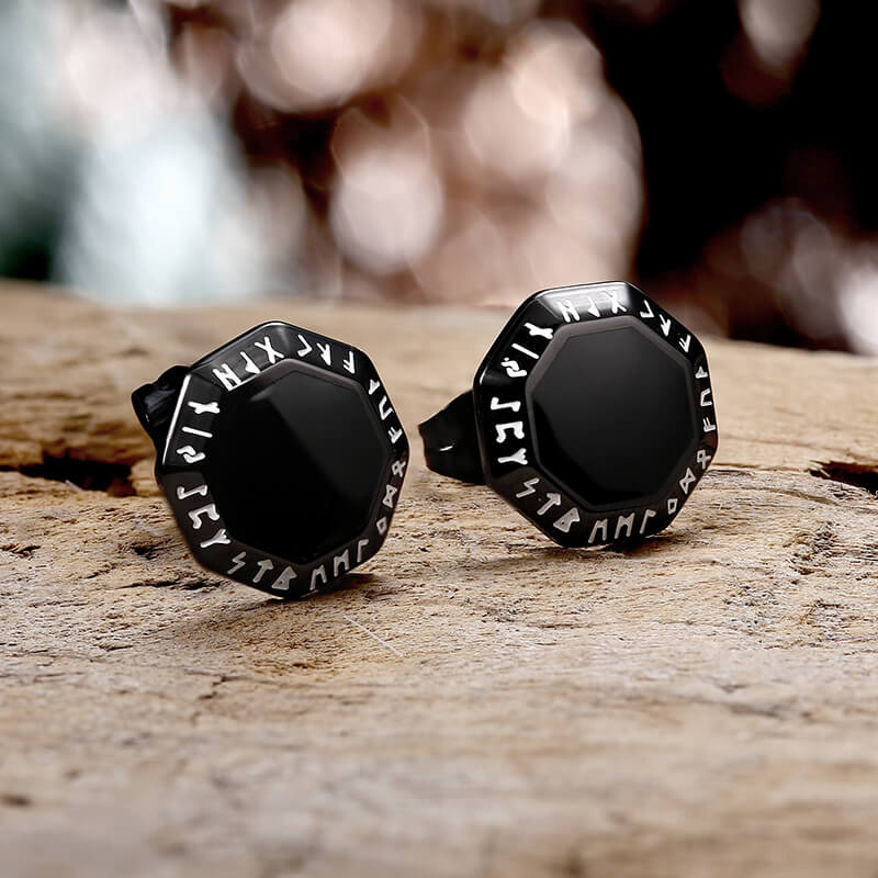 Viking Runes Octagon Stainless Steel Stud Earrings