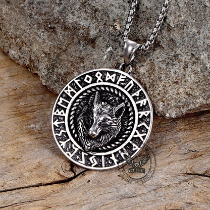 Viking Runes Wolf Head Stainless Steel Necklace