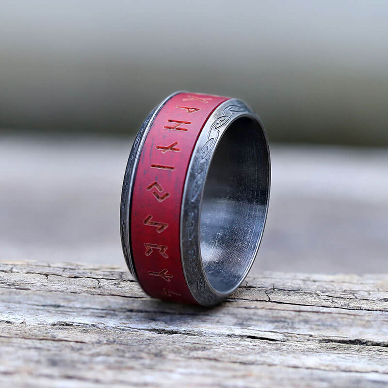 Viking Runes Wood Stainless Steel Spinner Ring