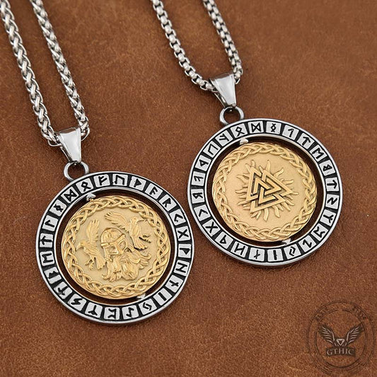 Viking Warrior Raven Rune Rotatable Stainless Steel Pendant