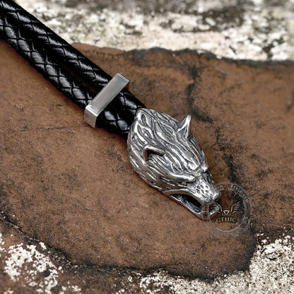 Viking Wolf Head Stainless Steel Leather Bracelet