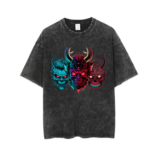 Vintage Colorful Horned Ghost Washed Skull T-shirt