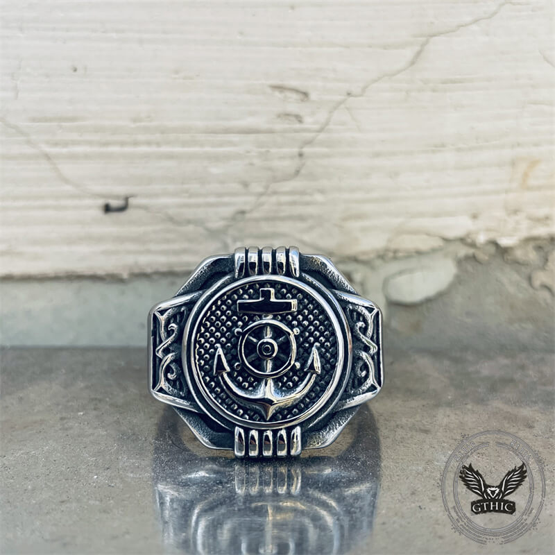 Vintage Compass Anchor Stainless Steel Marine Ring